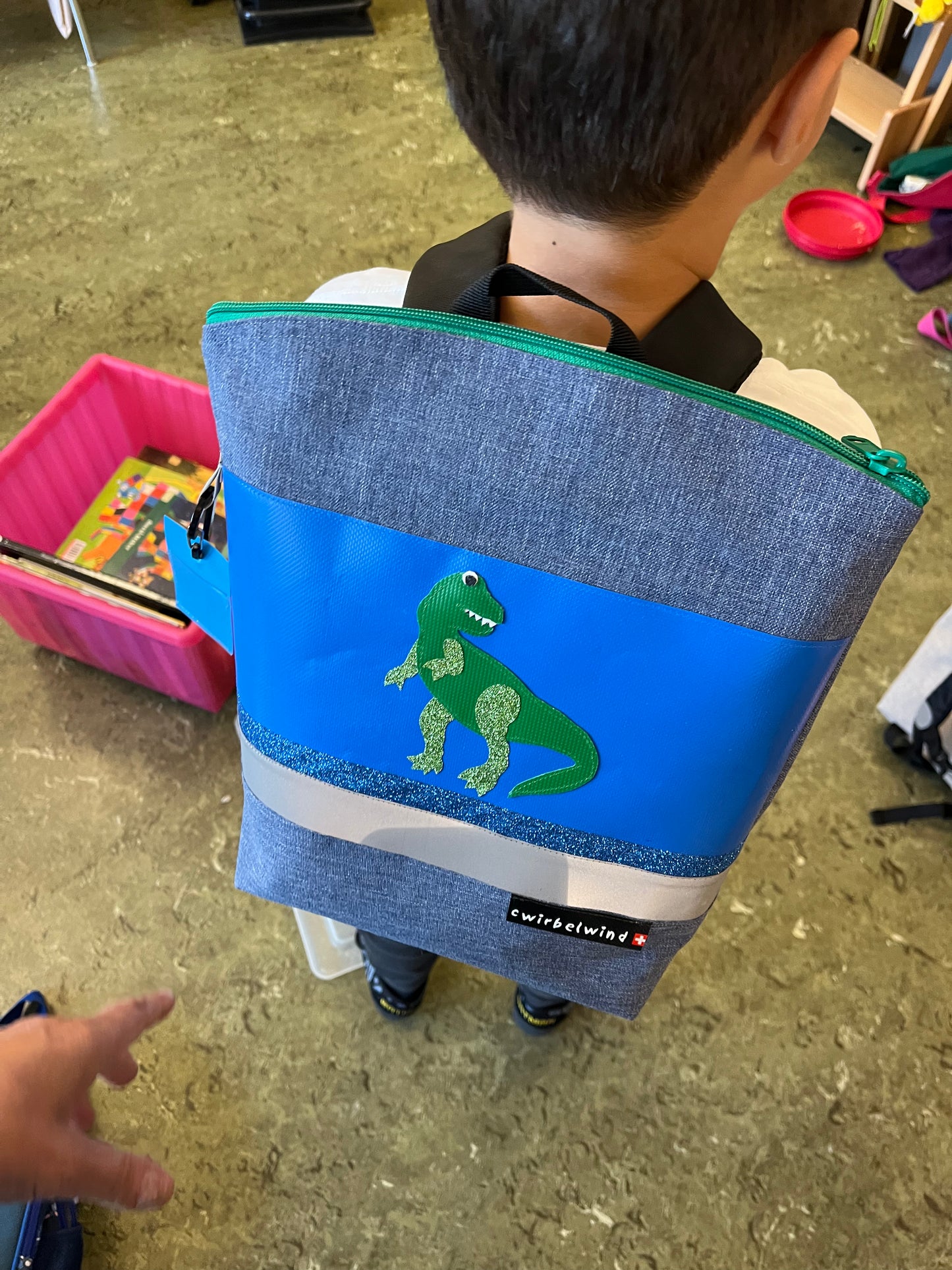Kindergartenruckack Leinen-Blache Dino Rex Glitzer