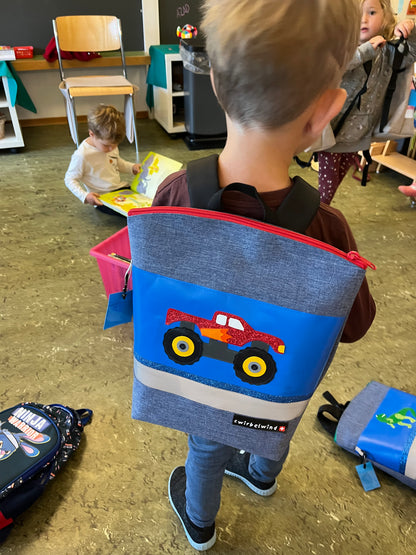 Kindergartenrucksack Leinen-Blache Monstertruck rot Glitzer