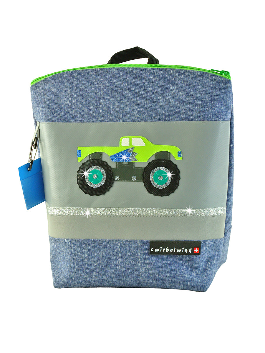 Kindergartenrucksack Leinen-Blache Monstertruck grün Glitzer