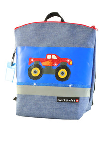 Kindergartenrucksack Leinen-Blache Monstertruck rot Glitzer
