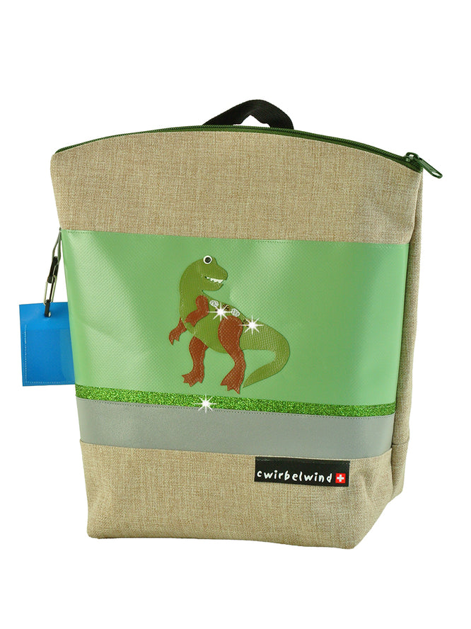 Kindergartenrucksack Leinen-Blache Dino Rex Pastell Glitzer